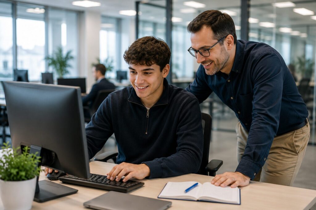 Personne en formation utilisant un poste informatique et les plateformes en ligne